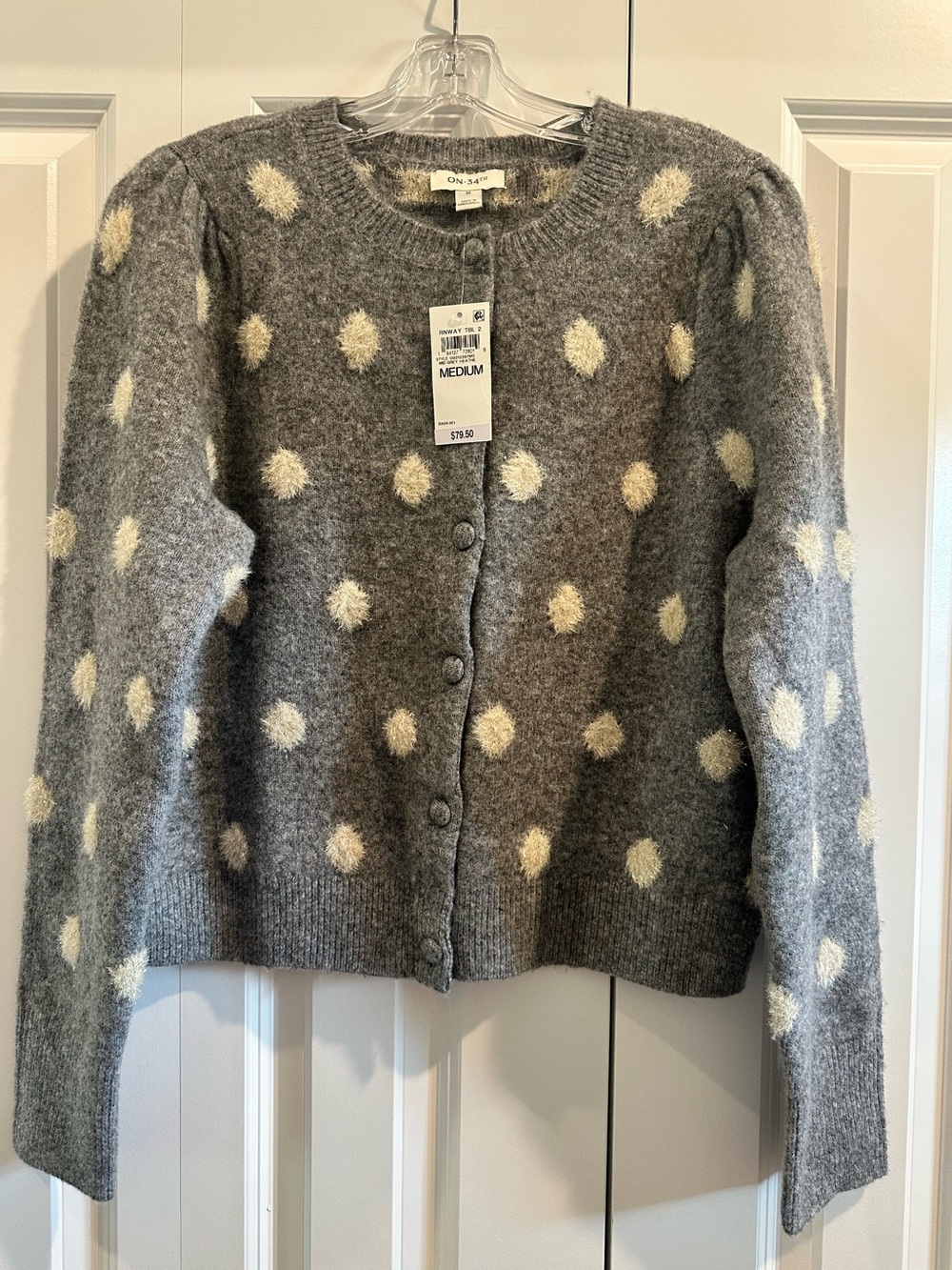 Polka Dot Crewneck Button Cardigan - Gray with Sparkly Cream Dots